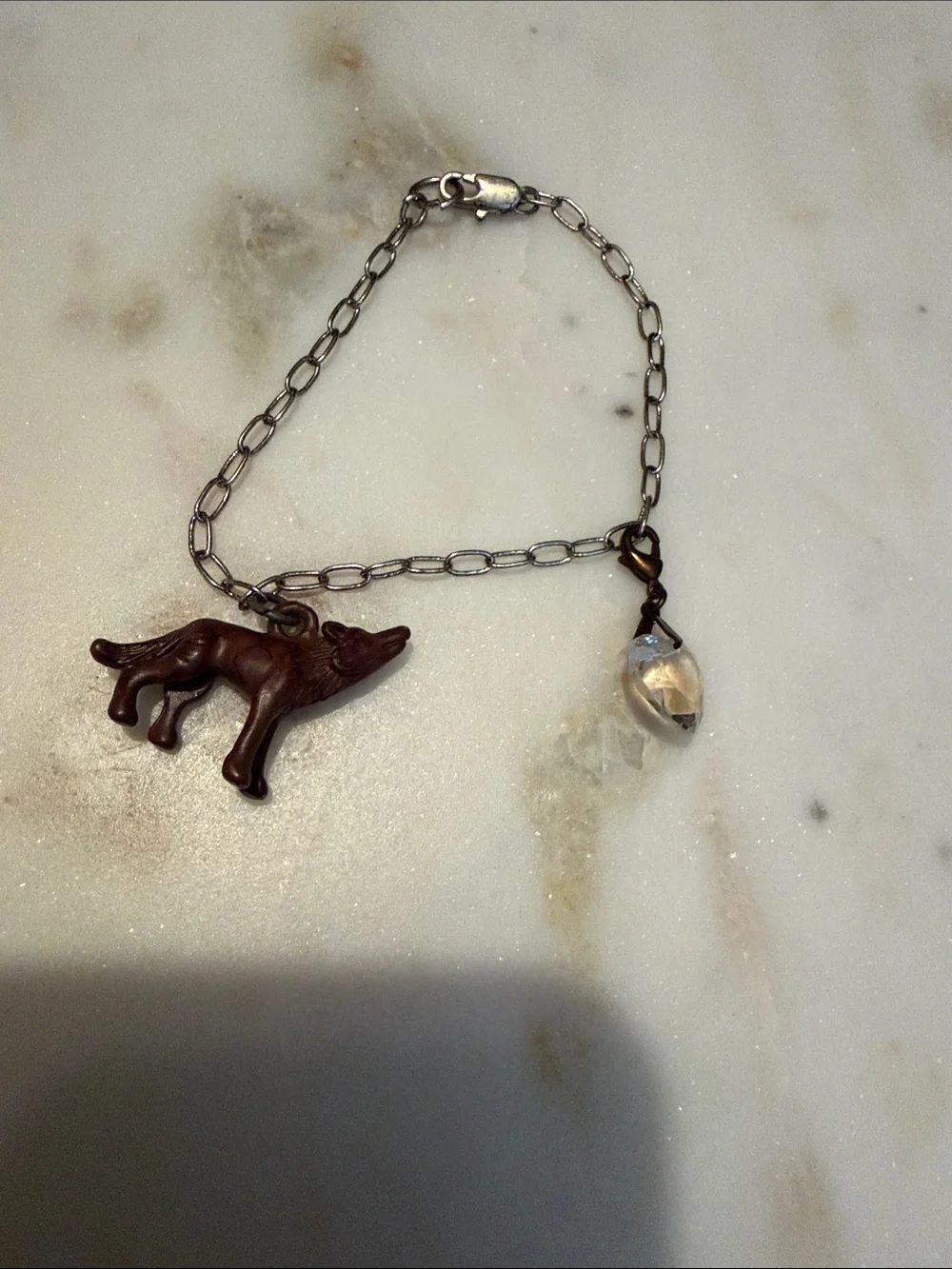 Twilight Sage Eclipse Bracelet with Brown Wolf Charm and Clear Crystal Heart